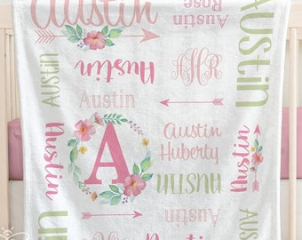 SALE Personalized Baby Blanket, Newborn Swaddle, Pink Flower Monogram Blanket, Rose Flower Nursery, Baby Girl Flower Blanket #FNF22