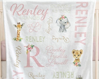 SALE Personalized Safari Baby Blanket, Animal Name Blanket, Baby Boy Girl, Receiving Blanket, Baby Shower, Elephant, Giraffe, Zebra #FNS21