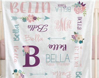 SALE Personalized Baby Blanket, Floral Monogram Blanket, Floral Rose Nursery, Flower Blanket, Flower Monogram, Baby Girl Blanket #FNF10