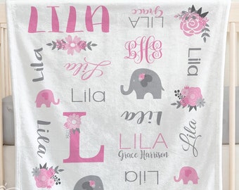 SALE Personalized Baby Blanket, Baby Elephant, Arrow Floral Monogram Blanket, Flower Blanket, Flower Monogram, Baby Girl Blanket