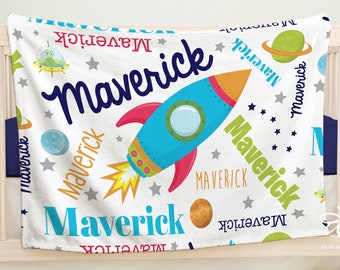 SALE Personalized Spaceship Blanket, Baby Name Rocket Ship, Outer Space, Moon and Stars, Rocket Man, Out Of This World, Solar System #MS23