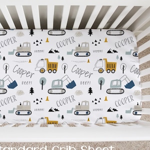 Personalized Little Trucks Construction Crib Sheet, Mini Crib Sheet, or Changing Pad Cover, Poly-Stretch Jersey Knit Material #T222