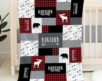 SALE Personalized Baby Blanket, Quilt Print, Buffalo Plaid, Woodland, Adventure, Little Man, Red Black, Bear, Moose #WF1017