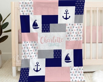 SALE Personalized Baby Blanket, Quilt Print Nautical Blanket, Whale, Anchor, Sailboat, Oceania, Printed Fleece Blanket #QN16