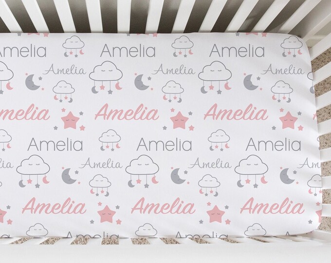 Personalized Crib Sheet, Moon and Stars Custom Fitted Crib Sheet, 28" x 52" Standard Crib Sheet, Poly-Stretch Jersey Knit Material
