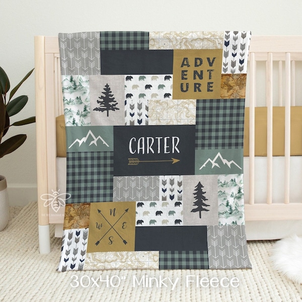SALE Personalized Baby Blanket, Plaid Quilt Print, Adventure, Mountains, Forest, Topo Map, Woodland, Follow Your Arrow, Compass #QA22