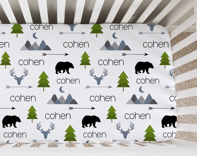 Personalized Crib Sheet, Adventure Theme, Bear, Deer, Custom Fitted Crib Sheet, 28" x 52" Standard Crib Sheet, Poly-Stretch