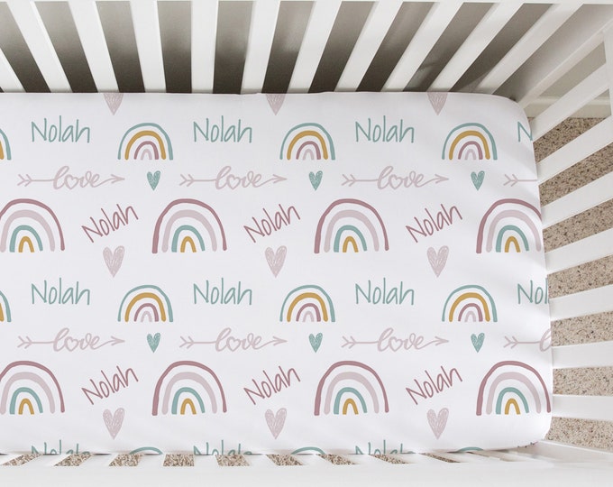 Personalized Crib Sheet, Rainbow Baby Custom Fitted Crib Sheet, 28" x 52" Standard Crib Sheet, Poly-Stretch Jersey Knit Material