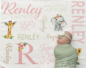 SALE Personalized Safari Baby Blanket, Animal Name Blanket, Baby Boy Girl, Receiving Blanket, Baby Shower, Elephant, Giraffe, Zebra #FNS21