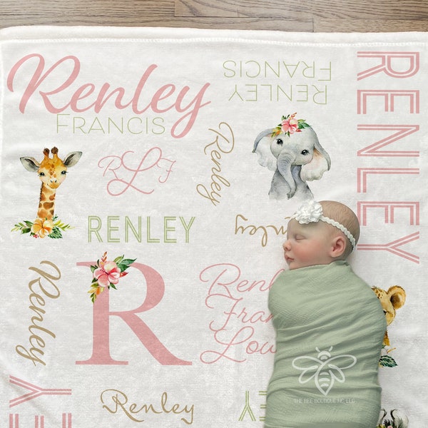 SALE Personalized Safari Baby Blanket, Animal Name Blanket, Baby Boy Girl, Receiving Blanket, Baby Shower, Elephant, Giraffe, Zebra #FNS21