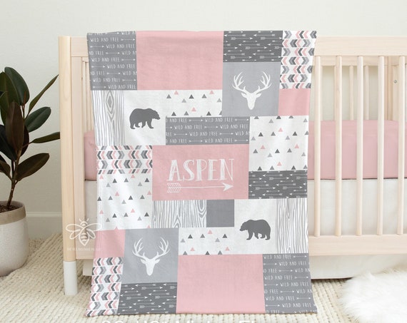 SALE Personalized Baby Blanket, Quilt Print, Fleece Name Blanket, Woodland Forest Friends, Wild And Free, Little Bear, Little Deer #Q1118