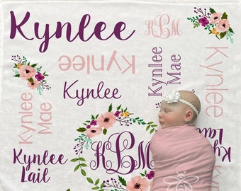 SALE Personalized Baby Blanket, Floral Monogram Baby Girl Blanket, Rose Newborn Swaddle, Flower Baby Name Blanket #FNF9