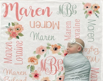 SALE Personalized Baby Blanket, Peach Flower Monogram Blanket, Coral Rose Flower Nursery, Baby Girl Flower Blanket - Maren Collection #FNF14