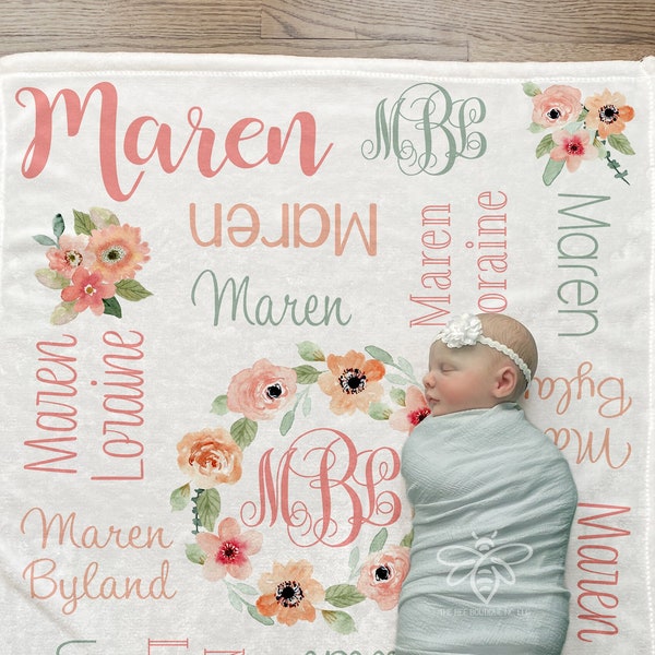 SALE Personalized Baby Blanket, Peach Flower Monogram Blanket, Coral Rose Flower Nursery, Baby Girl Flower Blanket - Maren Collection #FNF14