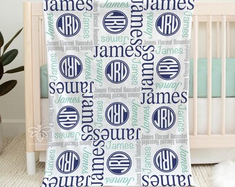 May include: A white baby blanket with a repeating pattern of the name "James" in navy blue and a navy blue monogram "JRD" in a circle. The blanket is made of minky fleece and measures 30 inches by 40 inches.