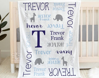 SALE Personalized Baby Blanket, Baby Elephant, Elephant Nursery, Monogram Blanket, Safari Theme, Giraffe & Elephant Blanket #FNE17