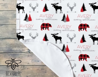 SALE Personalized Baby Name Blanket, Red Plaid, Bear, Moose, Deer, Trees, Personalized Swaddle, Boy Girl, Woodland Theme, Forest, Adventure