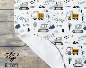 SALE Personalized Baby Little Trucks Blanket, Dump Truck Tractor Excavator Bulldozer Construction, Baby Name Blanket, Baby Boy Nursery #T222