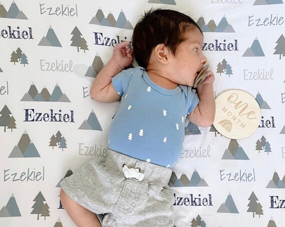 SALE Personalized Baby Blanket, Mountains, Trees, Adventure, Baby Name Swaddle, Newborn Blanket, Baby Girl, Boy, *Hat and Headband Separate*