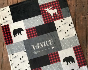 SALE Personalized Baby Blanket, Quilt Print, Red Black Buffalo Plaid, Woodland Lumber Jack, Little Man, Little Bear, Moose, Deer, #W1017