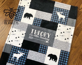SALE Personalized Baby Blanket, Quilt Print, Red Black Buffalo Plaid, Woodland Lumber Jack, Little Man, Little Bear, Moose, Deer, #W1017