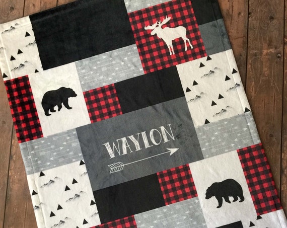 SALE Personalized Baby Blanket, Quilt Print, Red Black Buffalo Plaid, Woodland Lumber Jack, Little Man, Little Bear, Moose, Deer, #W1017