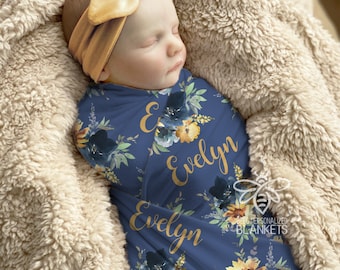 SALE Personalized Baby Blanket, Floral Print Swaddle, Navy Sunflower Name Blanket, Newborn Baby Girl Blanket, Baby Shower Gift #SNF19