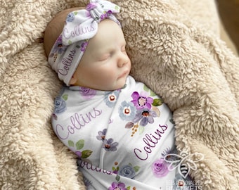 SALE Personalized Baby Blanket, Floral Print Swaddle, Rose Baby Name Blanket, Newborn Girl Flower Receiving Blanket, Baby Shower Gift #SNF15
