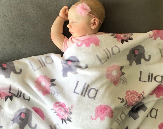 SALE Personalized Elephant Flower Blanket, Baby Name Blanket, Baby Swaddle Blanket, Elephant Nursery, Floral, BEST Baby Shower GIFT!