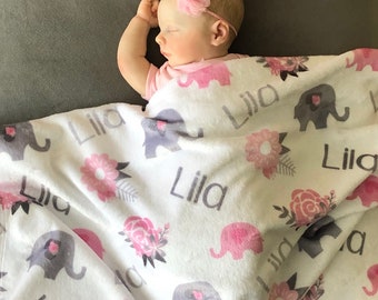 SALE Personalized Elephant Flower Blanket, Baby Name Blanket, Baby Swaddle Blanket, Elephant Nursery, Floral, BEST Baby Shower GIFT!