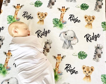 SALE Personalized Baby Blanket, Safari Jungle Theme, Banana Leaf, Lion, Elephant, Giraffe, Zebra, Baby Animals Name Blanket #SS820