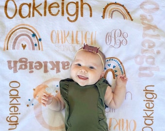 SALE Personalized Vintage Neutral Rainbow Baby Blanket, Baby Name Blanket, Gender Neutral Blanket, Baby Shower - Oakleigh Collection #FN921