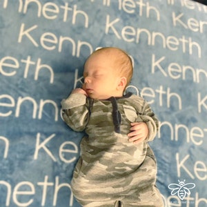 May include: A baby boy sleeping on a blue blanket with the name "Kenneth" repeated in white text.
