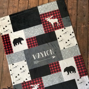 Personalized Baby Blanket, Quilt Print, Red Black Buffalo Plaid, Woodland Lumber Jack, Little Man, Little Bear, Moose, Deer, #W1017