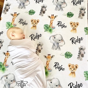 SALE Personalized Baby Blanket, Safari Jungle Theme, Banana Leaf, Lion, Elephant, Giraffe, Zebra, Baby Animals Name Blanket #SS820