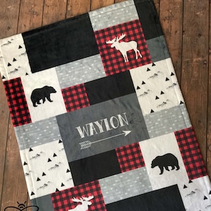 SALE Personalized Baby Blanket, Quilt Print, Red Black Buffalo Plaid, Woodland Lumber Jack, Little Man, Little Bear, Moose, Deer, #W1017