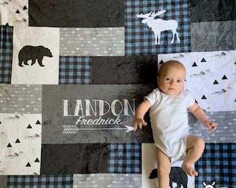 SALE Personalized Baby Blanket, Quilt Print, Blue Black Buffalo Plaid, Woodland Lumber Jack, Little Man, Little Bear, Moose, Deer, #W1017