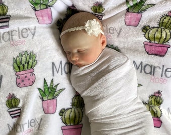 SALE Personalized Cactus Baby Blanket, Succulents, Cactus Theme, Baby Girl Nursery Blanket, Custom Print Name Blanket