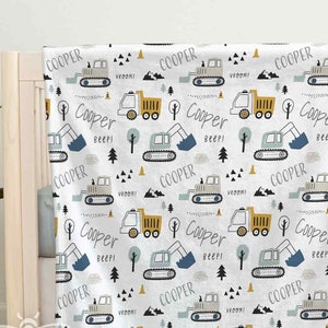 Personalized Baby Little Trucks Blanket, Dump Truck Tractor Excavator Bulldozer Construction, Baby Name Blanket, Baby Boy Nursery #T222