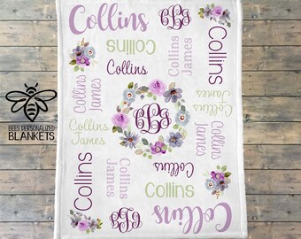 Personalized Baby Blanket, Purple Flower Monogram Blanket, Lavender Rose Flower Nursery, Baby Girl Flower Blanket - Collins Collection