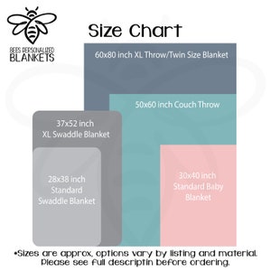 May include: Size chart for personalized blankets in various sizes, including XL Throw/Twin, Couch Throw, XL Swaddle, and Standard Swaddle. The chart shows the dimensions in inches for each size.