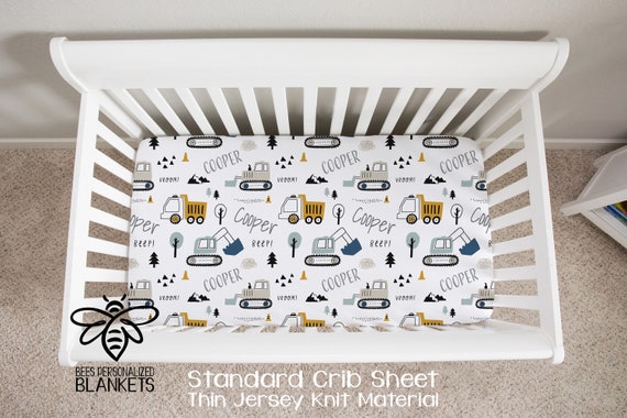 Personalized Crib Sheet, Little Trucks, Construction Fitted Crib Sheet, 28" x 52" Standard Crib Sheet, Poly-Stretch Jersey Knit Material