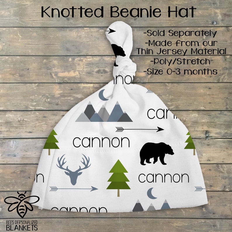 SALE Personalized Baby Blanket, Personalized Swaddle, Baby Name Blanket, Adventure Theme, Mountains, Little Bear, Deer, Arrow, Trees BMT19 Beanie Hat 0-3