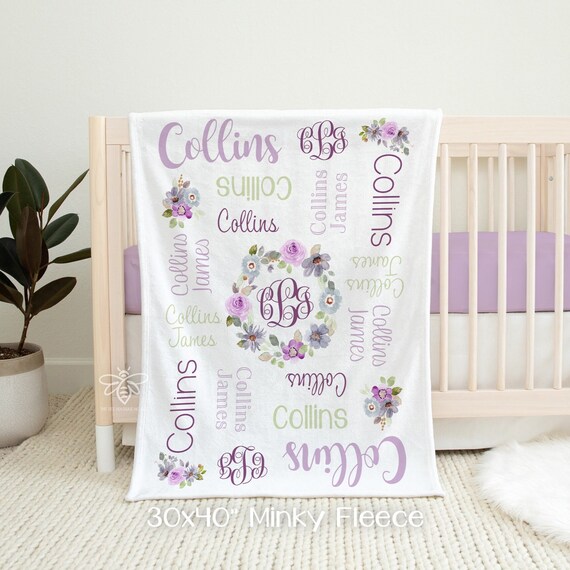 Personalized Baby Blanket, Purple Flower Monogram Blanket, Lavender Rose Flower Nursery, Baby Girl Blanket, Collins Collection #FNF15