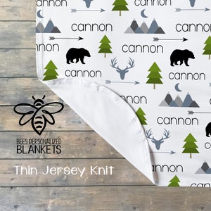 SALE Personalized Baby Blanket, Personalized Swaddle, Baby Name Blanket, Adventure Theme, Mountains, Little Bear, Deer, Arrow, Trees BMT19 image 1