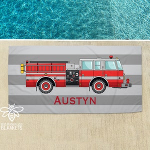 Personalized Fire Truck Beach Towel, Fireman Towel, Monogram Towel, Camp Towel, Boy Towel, Birthday Gift, Back to School, Nap Mat
