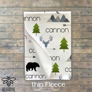 SALE Personalized Baby Blanket, Personalized Swaddle, Baby Name Blanket, Adventure Theme, Mountains, Little Bear, Deer, Arrow, Trees BMT19 Thin Fleece 29x39