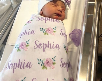 Personalized Baby Blanket, Floral Print Swaddle, Rose Baby Name Blanket, Newborn Girl Flower Receiving Blanket, Baby Shower Gift #SNF5