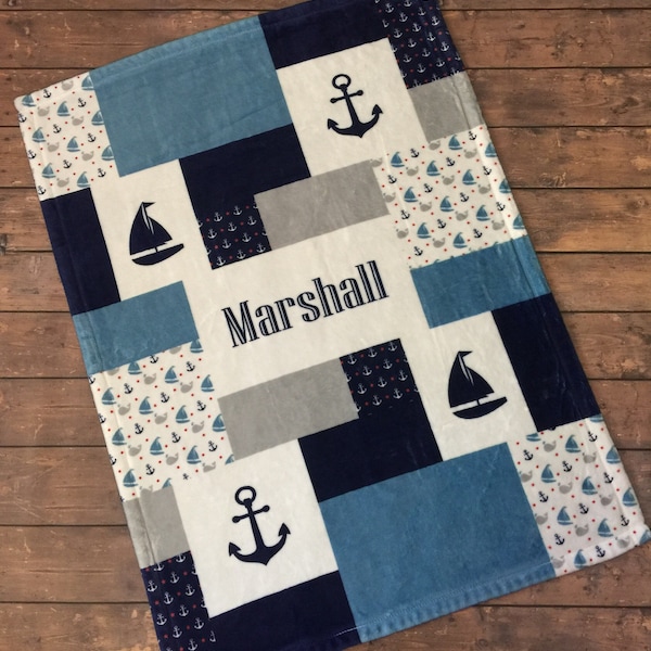 SALE Personalized Baby Blanket, Quilt Print Nautical Blanket, Whale, Anchor, Sailboat, Oceania, Printed Fleece Blanket #QN16