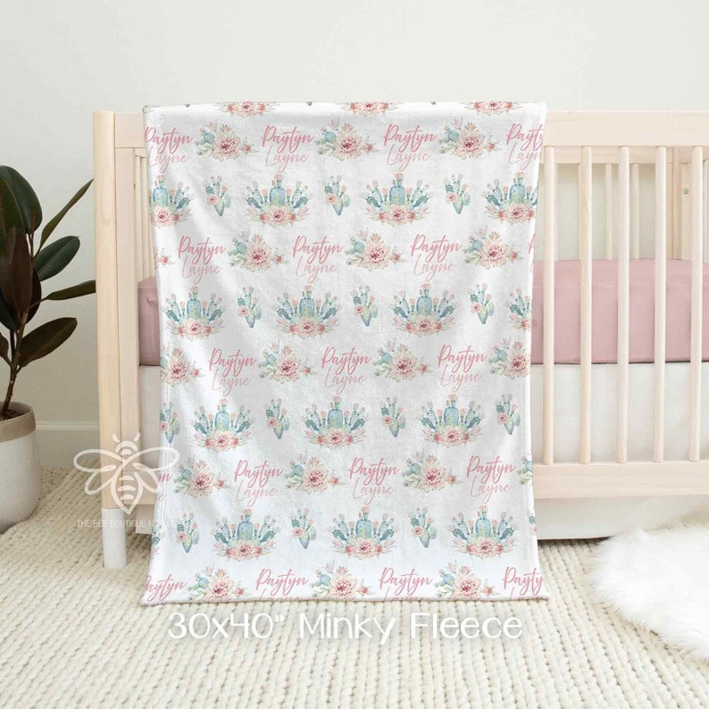 SALE Personalized Cactus Baby Blanket, Succulents, Cactus Theme Baby Girl Nursery Blanket, Custom Print Name Blanket, Best Baby Gift, SNC23 image 1